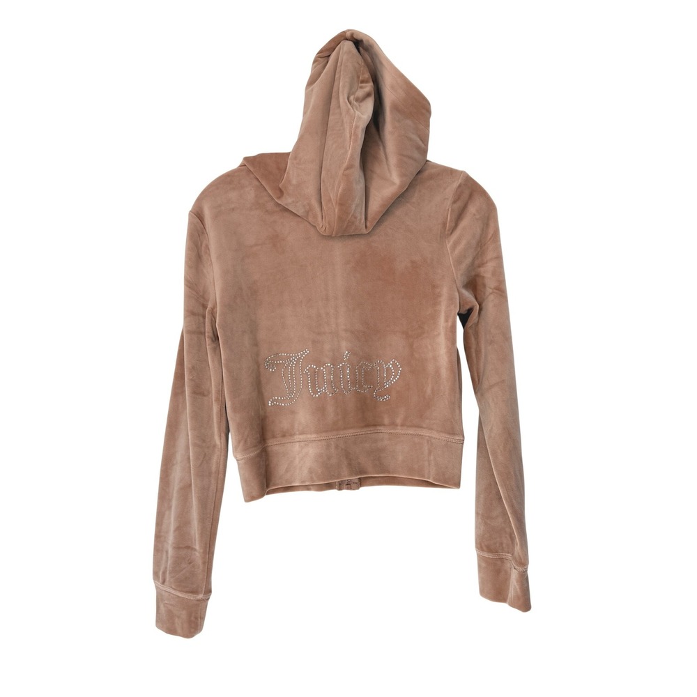 Juicy Couture Tan Velour Cropped Zip Up Hoodie Rhinestone Logo Small McBling